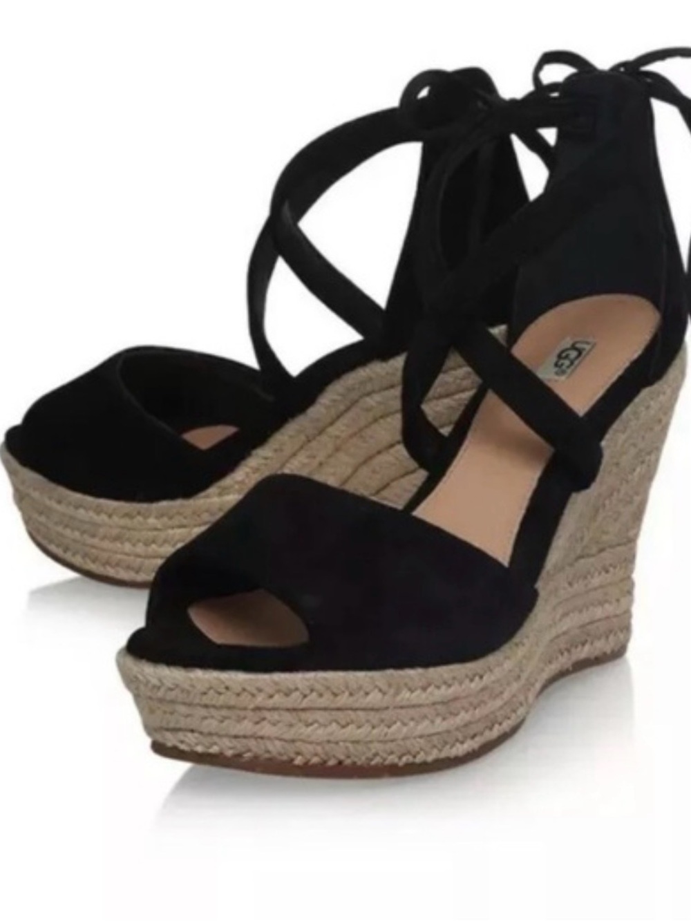 UGG Black Regan Suede Espadrille Platform Wedge Sandals with Ankle Wrap